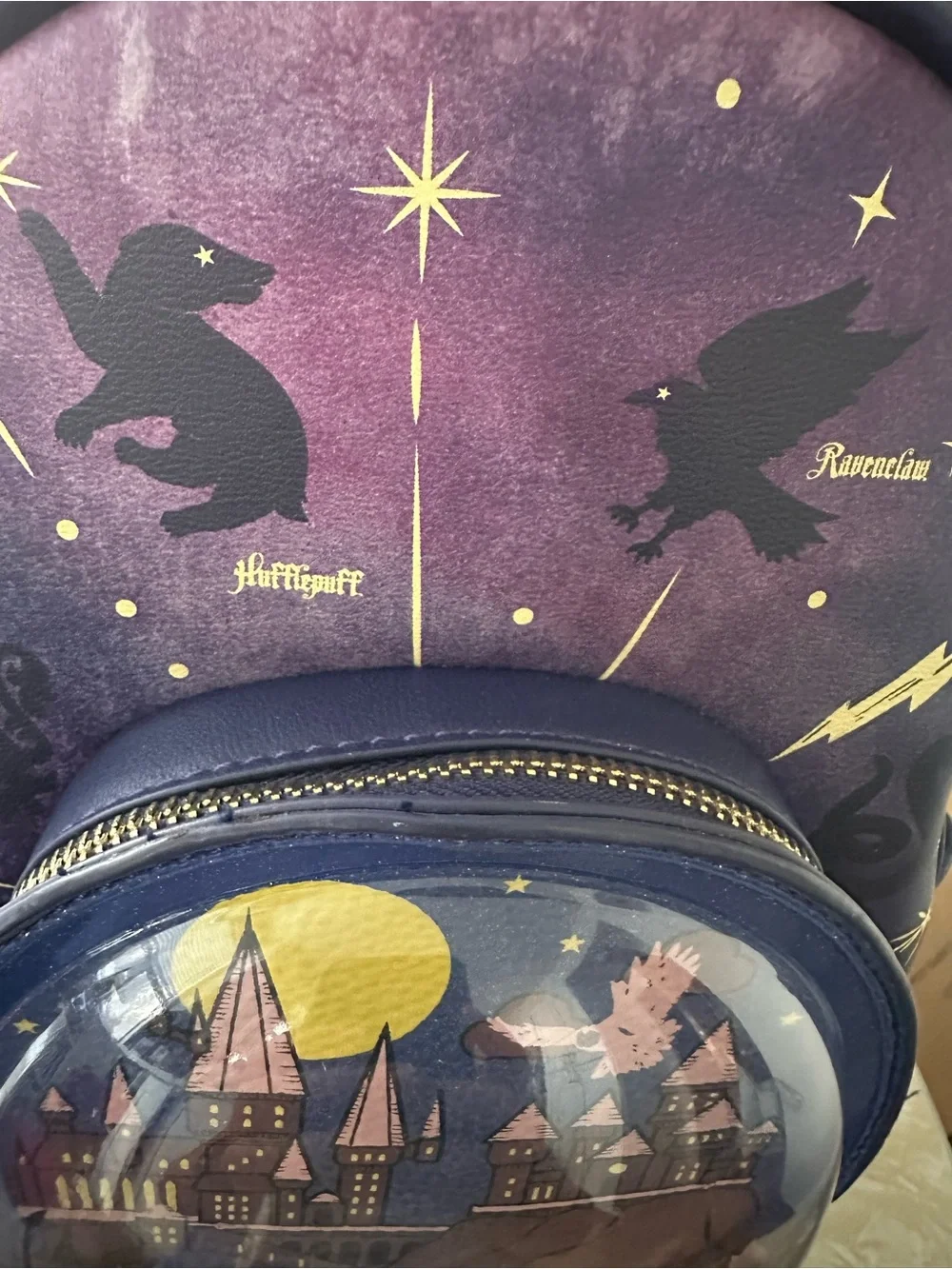 Box lunch Purple Hogwarts Snowglobe Mini Backpack with Gold Accents. NWOT